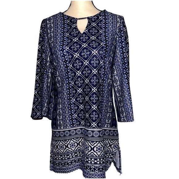 Tacera Batik Print Navy & White Knit Tunic or Mini‎ Dress —Size M  EUC - Picture 1 of 11